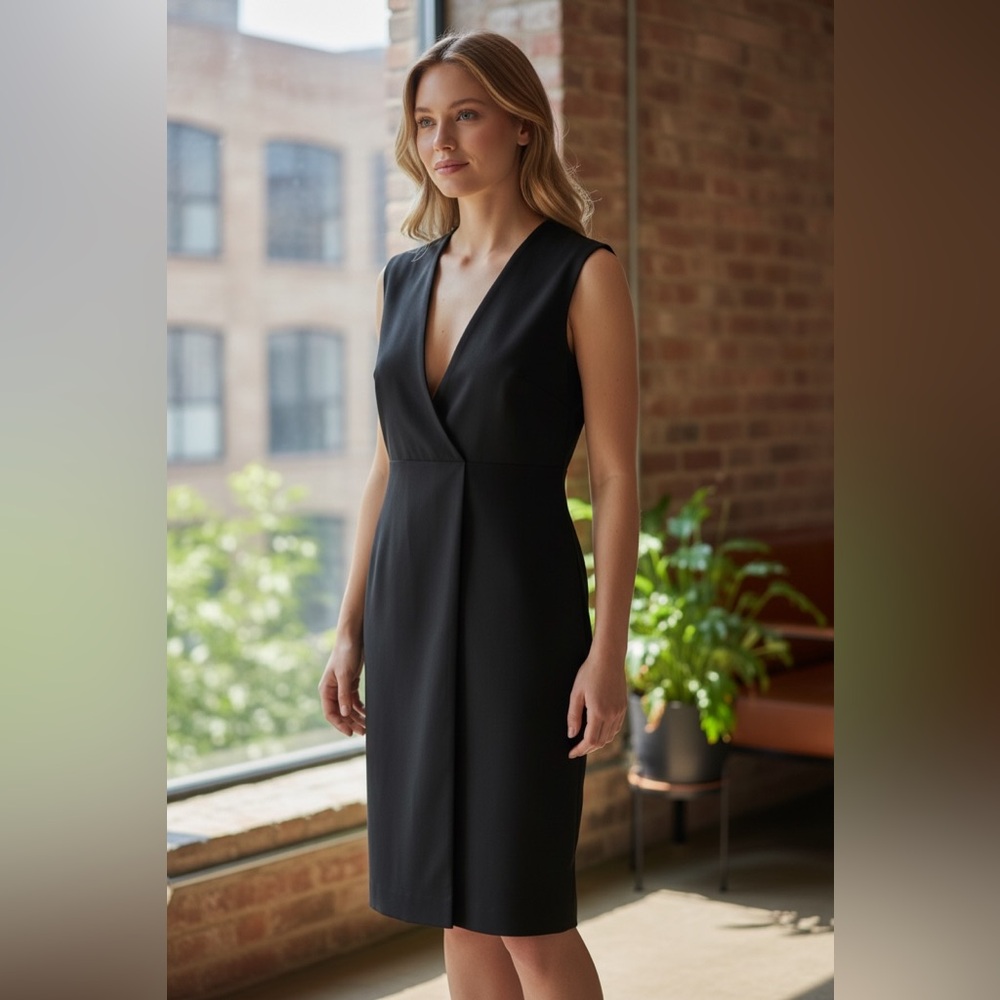 Vince Little Black Black Midi V-Neck Shift Party Cocktail Dress Size XS/S